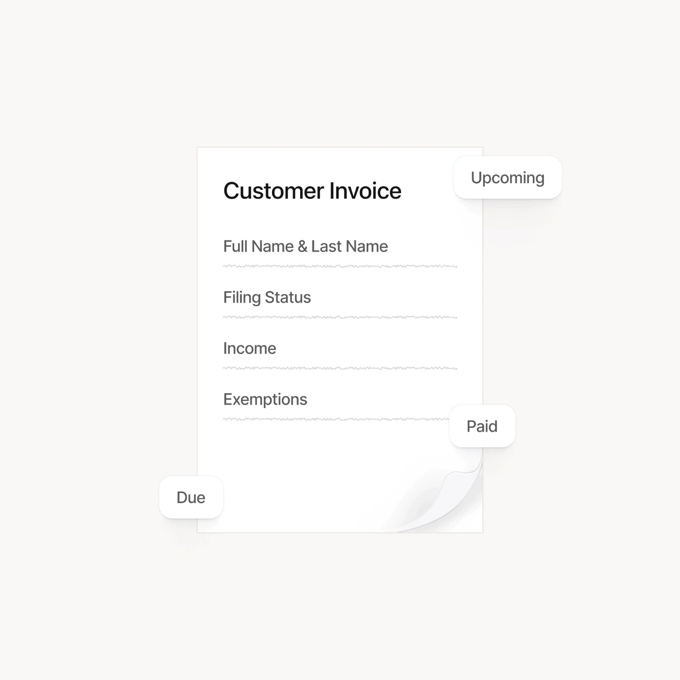 Customer invoice with upcoming, due, and paid status pills