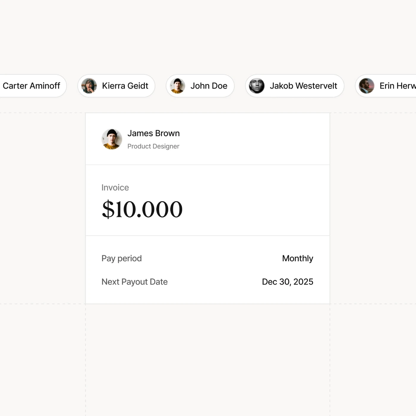 Employee pay card with monthly pay period, next payout date, and individual payslip
